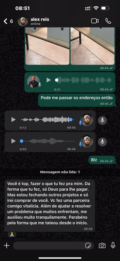 Conversa de WhatsApp: aluno relata parceria e resultados após o curso
