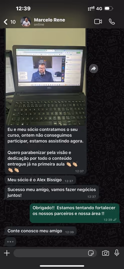 Conversa de WhatsApp: aluno e sócio agradecem pelo conteúdo da primeira aula