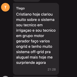 Mensagem de Tiago sobre aplicar Grid Zero em irrigação e grupo motor gerador