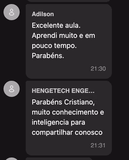 Mensagens de Adilson e da Hengetech elogiando a aula